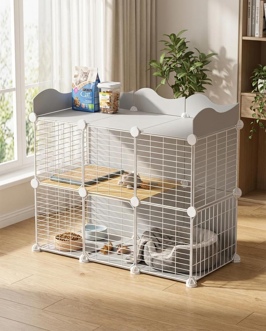 Cat Cage, DIY Cat Enclosures, 42" x 16" x 28" Cat Playpen Indoor & Outdoor with Hammock & Cat Bowl, Detachable Metal Wire Kennel Cats Crate