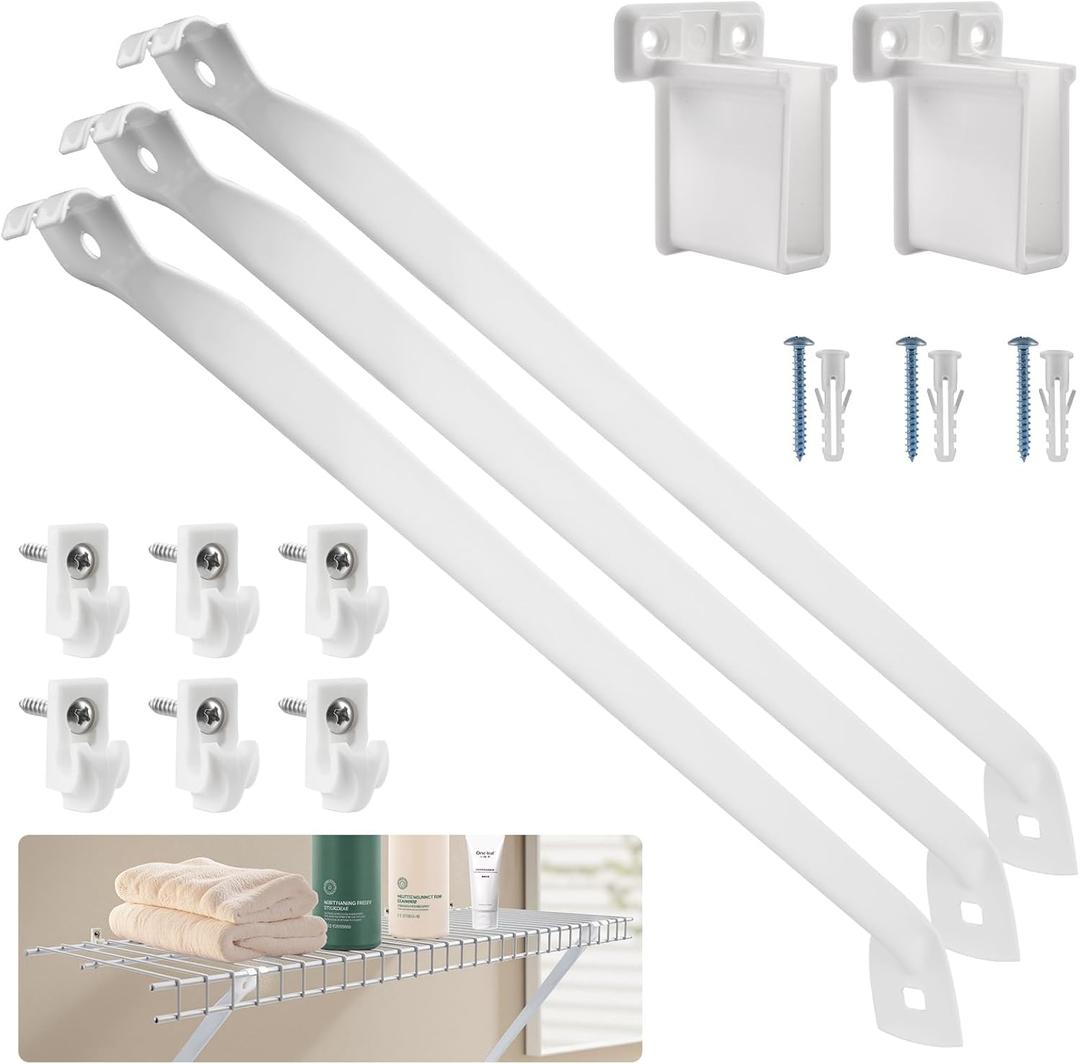 12 Inch Wire Shelf Brackets Set, 3 Pack Metal White Closet Support Bracket with End Brackets & Clips for Wire Shelving Wall Bracket Installation, Support Wire Closet Shelves Racks(3 Pack)