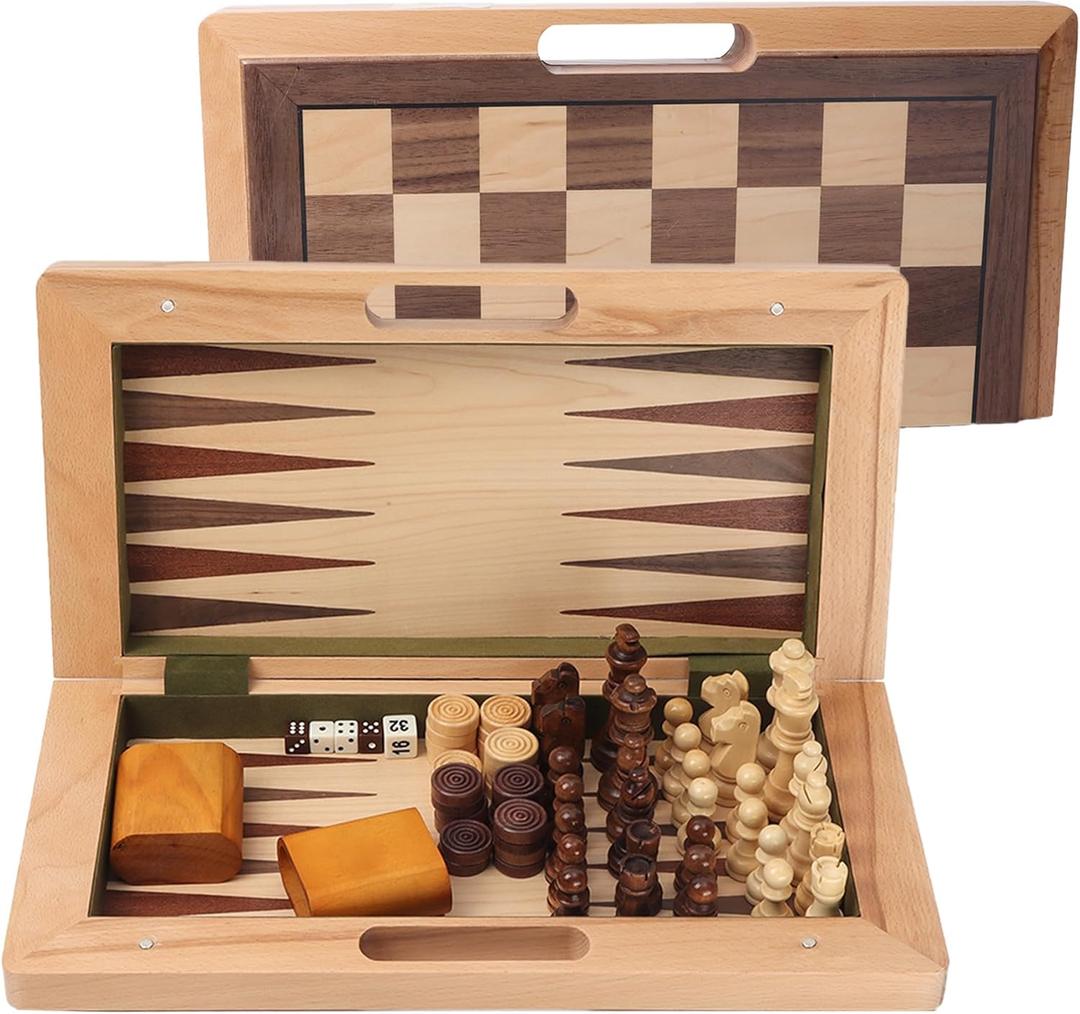 GSE Games & Sports Expert 16" Deluxe 3-in-1 Wooden Folding Chess, Checker & Backgammon Board Game Combo Set, Portable Travel Game Set for Kids & Adults