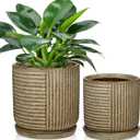 Oairse Ceramic Pots for Indoor Plants, 6.1 +4.9 inch Pots for Plants Set of 2 Brown Plant Pots with Drainage Holes and Saucers Texture Ceramic Planters Indoor Outdoor Flower Pot for Succulent
