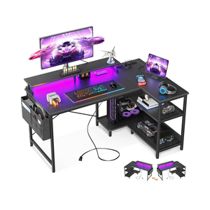 ODK 48 Inch Gaming Desk with USB Charging Ports and LED Lights, Reversible L Shaped Computer Desk with Storage Shelves & Monitor Stand, Corner Gamer Desk Table with Power Outlets, Black