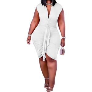 IyMoo Women's Sexy Plus Size Bodycon Sleeveless Drawstring Ruched Mini Club Dresses 1XL