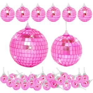 32 Pack Mini Disco Balls Decorations Different Sizes Mirror Ball with Hanging String Small Disco Ball Ornament for Disco Theme Party Cake Topper DJ Club Christmas Wedding Home Decor (Pink)