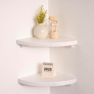 Floating Corner Shelves White 8", Solid Oak Wall Mounted Wooden Display Storage Rack with Wire Hole for Plants, Photos, Speakers, Bedroom, Kitchen, Living Room Dcor - 2-Pack