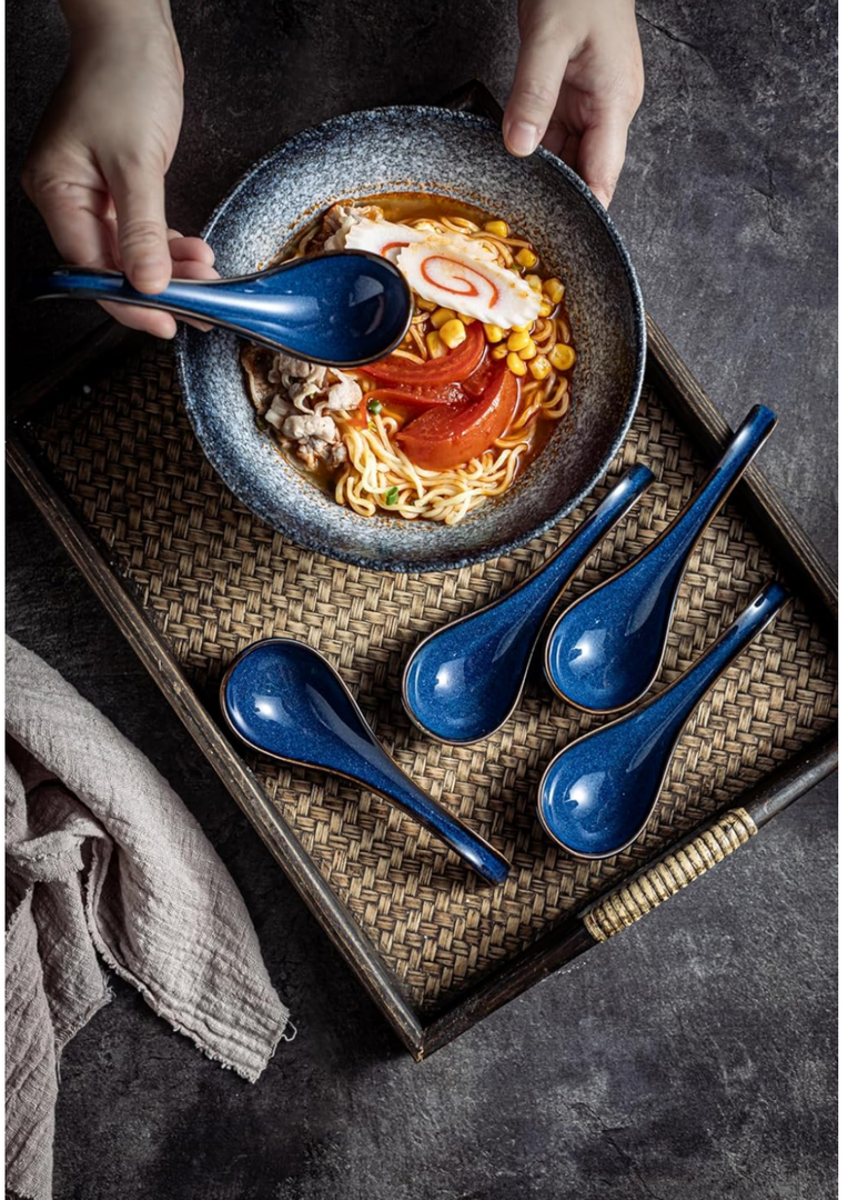 Soup Spoons Set Of 4, Chinese Deep Soup Spoon - 6.5 Inch Ceramic Korean Tablespoons for Ramen, Rice, Noodle, Asian Spoons with Deep Hook Design, Vintage Blue