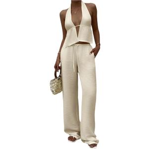 SHENHE Women's Linen Set 2 Piece Outfits Sexy Backless Halter Top Low Rise Palazzo Pants Set (Yellow, L)