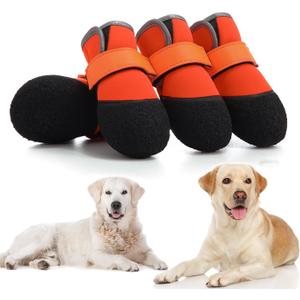 Dog Shoes, Outdoor Dog Boots Non-Slip Waterproof Dog Booties for Medium to Large Dogs 4Pcs for Winter Snowy Day, Summer Hot Pavement with Rugged Sole Orange