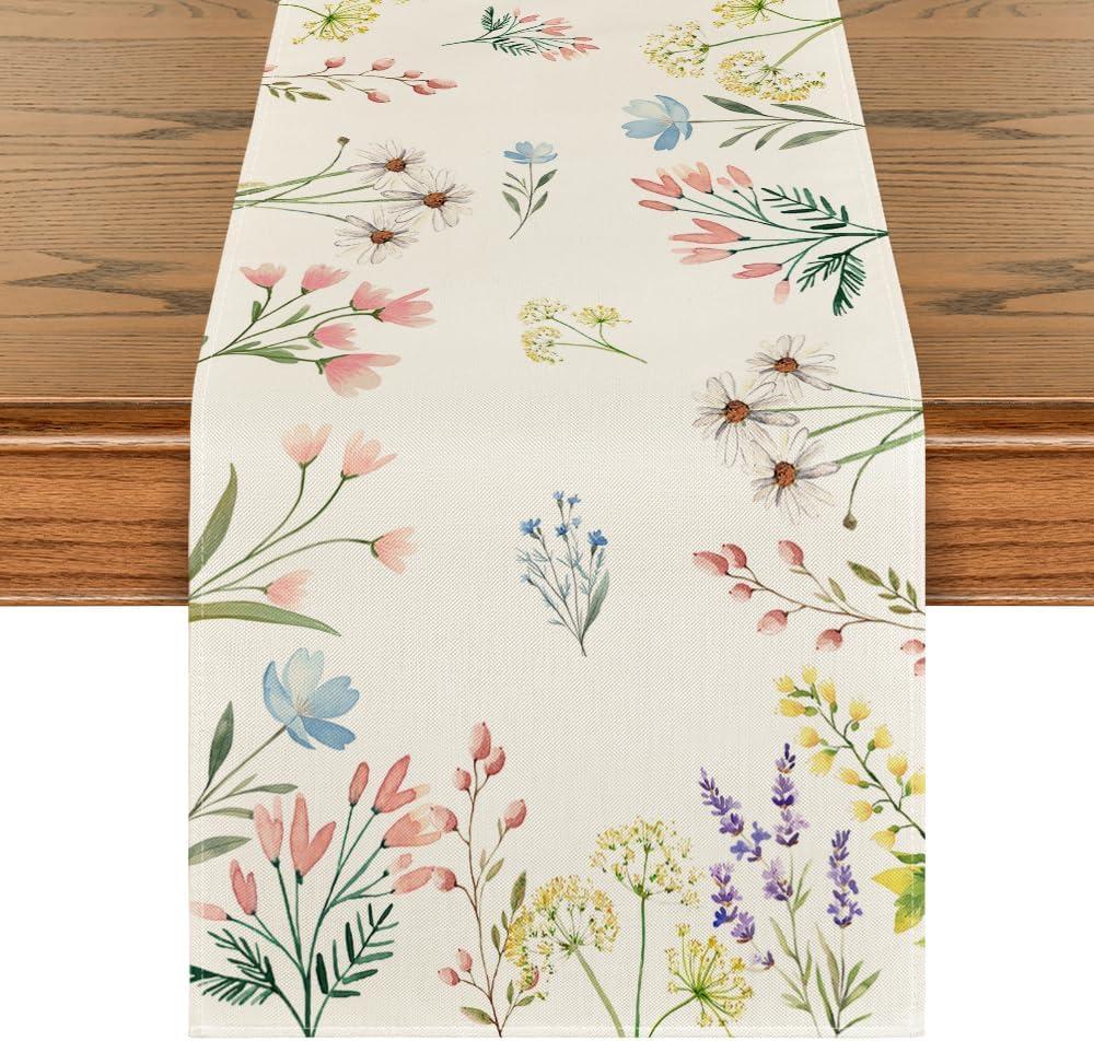 Artoid Mode Flowers Summer Table Runner, Seasonal Spring Fall Kitchen Dining Table Decoration for Home Party 13x48 Inch (Beige)
