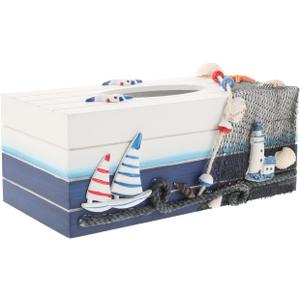 Beach Tissue Box - Wooden Tissue Box Cover, Napkin Holder Box for Table, Rectangle Paper Towel Storage Case Household Decorations Ornaments (9.45" L x 4.72" W x 3.94" H)
