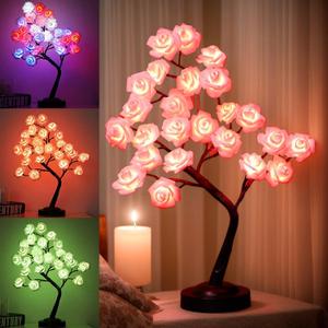 Fanshunlite Gift for Independence Day and Wedding Festival, Table Lamp Rose Flower Tree Decors with 18 Colors Changing, Colorful Lighted Rose Tree 24 LED Bonsai Tree Light for Home Dinner Party, Red