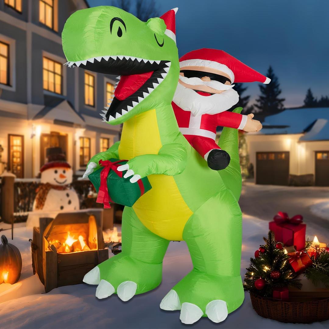 ININ 8FT Christmas Inflatables Santa Claus Riding Dinosaur Decorations Outdoor,Christmas Blow Up Santa Claus Yard Decorations Built-in LED Lights,Holiday Party Decor,for Yard/Lawn/Garden.