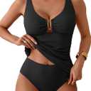Aidonger Tankini Swimsuit for Women Ribbed Tummy Control Ruched Two Piece Bathing Suit V Neck Swim Top with Bottom (XX-Large, Black)