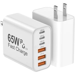 USB C Charger Block, 2-Pack 65W 6-Port USB C Wall Charger iPhone Charger Fast Charging PD Power Adapter+QC Wall Plug Multiport Type C Brick Chargers for iPhone 17 16 15 14 13 12 11 Pro Max XS,Samsung (White)