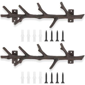 12" Cast Iron Tree Branch Vertical Coat Hat Rack Wall Mount Heavy Duty Decorative Coat Hook Rustic Hanger for Coats Bags Hats Key Entryway Bedroom Hallway Bathroom Storage (Rust Color,2 Pcs)