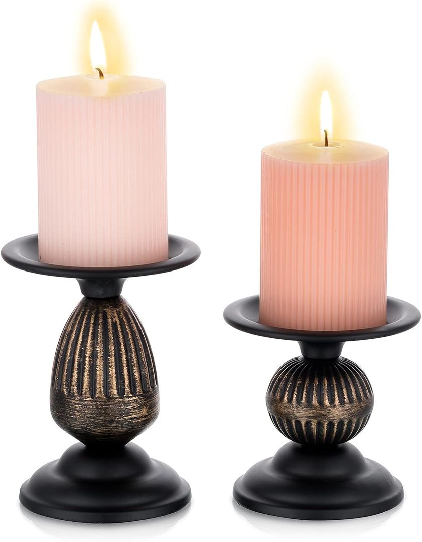 Sziqiqi Vintage Pillar Candle Holders Distressed Metal Candleholder Black Candlestick Holders Centerpiece Shabby Chic Ornaments for Coffee Dining Table Mantle Fireplace - Set of 2