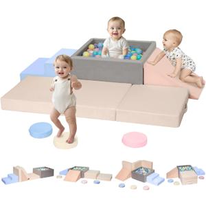 CAMELUS Climbing Toys for 1 Year Old, Baby Foam Climbing Blocks with Large Ball Pit for Toddlers, 7-Piece Soft Play Set, Indoor Climber Crawl Activity Play, Birthday (Balls not Included)
