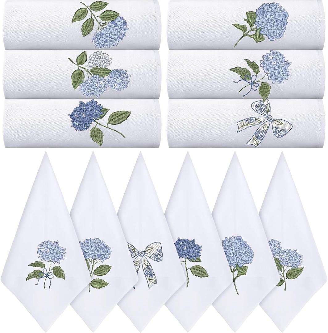 HunnmingRe 12 Pcs Blue Hydrangea Cloth Napkins Bulks 100% Cotton Spring Floral Dinner Tea Party Cocktail Napkins Embroidered Handtowel Country French Reusable Washable for Kitchen Weddings 17x17inch