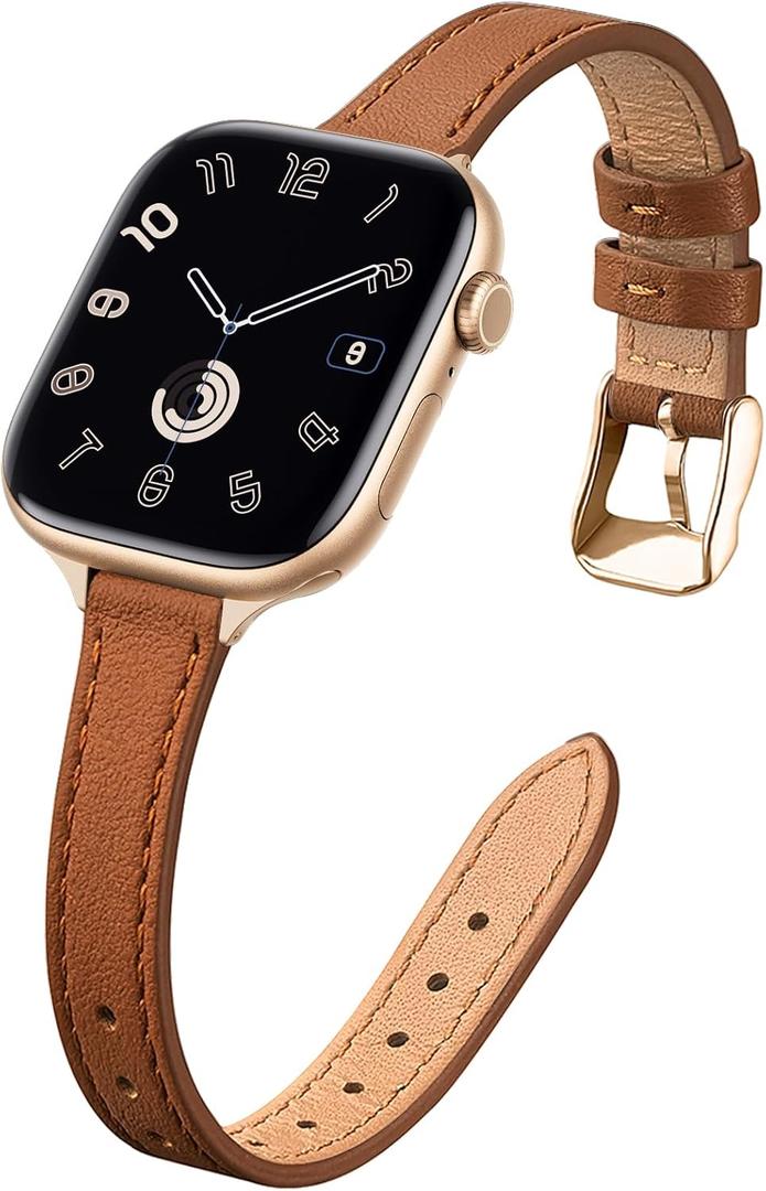STIROLL Slim Leather Bands Compatible with Apple Watch Band 38mm 40mm 41mm 42mm 44mm 45mm 46mm 49mm, Top Grain Leather Watch Thin Wristband for iWatch Ultra SE Series 10/9/8/7/6/5/4/3/2/1 (Brown with Gold)