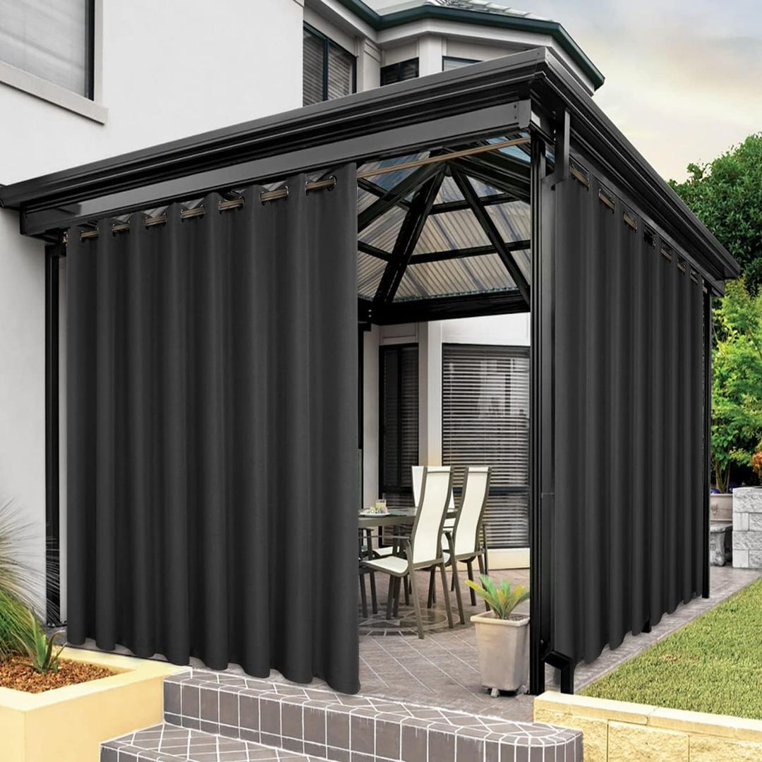 BONZER Waterproof Indoor/Outdoor Curtains for Patio Thick Privacy Extra Wide Grommet Curtains for Bedroom, Living Room, Porch, Pergola, Cabana, 1 Panel, 150"W x 95"L inch, Charcoal