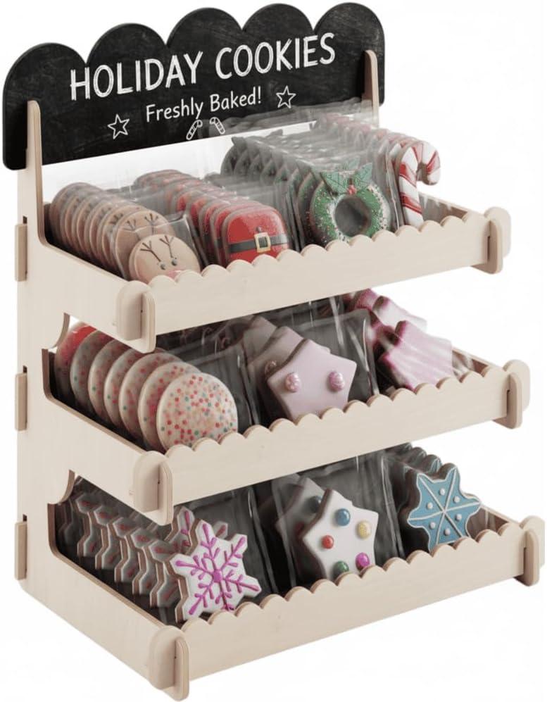 HOTCAN Cookie Display Stand for Bakers & Vendors - Wooden Cookie Stand with Chalkboard Sign for Market Booths, Craft Fairs & Events - Tiered Cookie Display for Cupcakes, Muffins & Pastries (Natural3 Tire)
