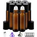 PrettyCare 12-Pack Amber Glass Roller Bottles for Essential Oil with Stainless Steel Roller Ball - 10 ml Refillable Leak-proof Empty Roll on Bottles with Caps for Perfume, DIY, Beauty & Personal Care