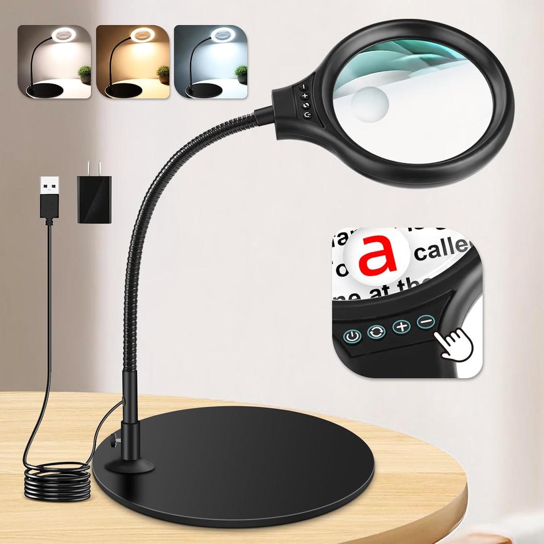 NZQXJXZ 10X 20X Desk Magnifying Glass with Light and Stand, Magnifying Lamp with 3 Color Modes Lighted Magnifying Light for Crafts Hands Free, Head Button Reading Magnifier for Books Sewing (4.9 inch)