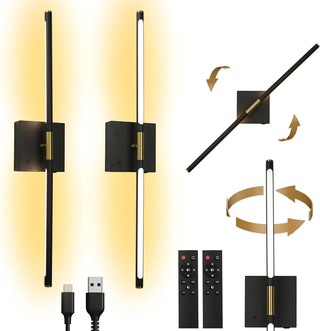 Battery Operated Wall Sconce Set of 2 Rechargeable Wireless Cordless 12000ma 360 Rotation Large Wall Lights lamp Modern Decor Linear Long Metal Black Gold 28"
