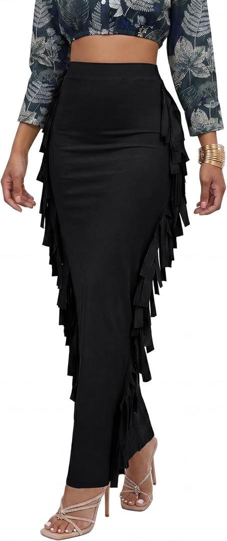 LYANER Women's Fringed Side Tassels Elastic Waist Slim Bodycon Pencil Maxi Skirts Black Small