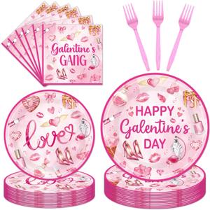 96Pcs Pink Galentine Party Decorations Tableware Set Happy Galentine's Day Paper Plates Napkins Forks Galentines Valentines Day Theme Party Supplies Serve 24 Guests