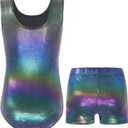 Nymphperi Girls Gymnastics Leotards 2 Piece Shiny Sleeveless Bodysuits with Sparkly Breathable Shorts Suit