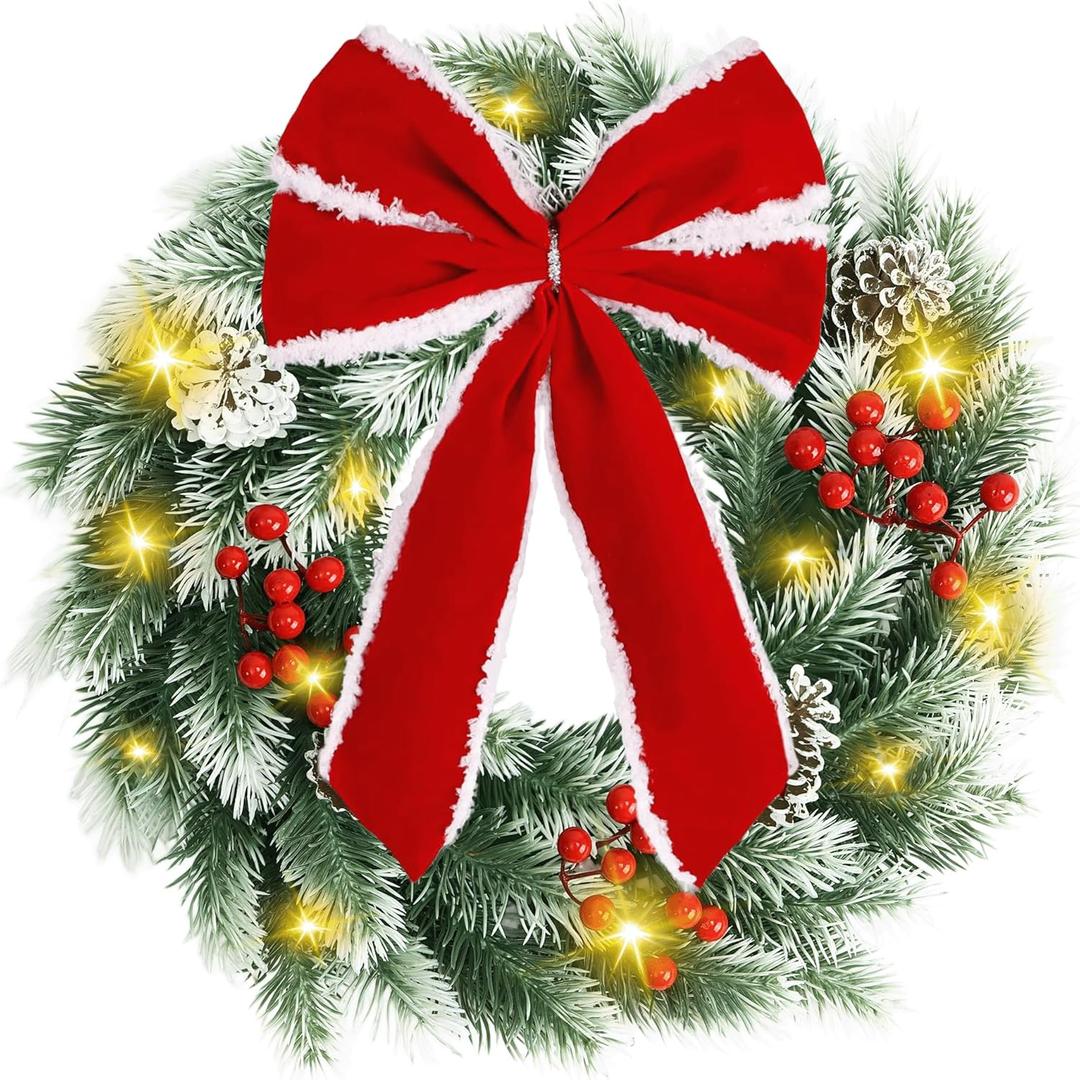 Pinkpum Lighted Christmas Wreath for Front Door Decor 16.5" Green Winter Wreath with LED String Lights for Home Wall Window Porch Farmhouse Indoor Outdoor Decorations Berries Pine Cones Bow 1 Pack