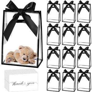 GAWBYET 24 Pcs Clear Plastic Gift Bags with Handles, Reusable Party Favor Bags With ribbons and cards for Mother's Day, Birthday, Wedding,Bachelorette Party,(7 x 10 x 3.15 Inch)