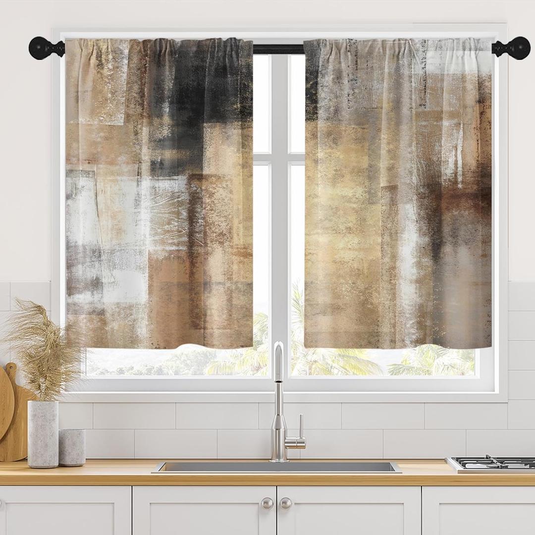 Brown Beige Painting Kitchen Curtains 36 Inch Length Abstract Window Short Tier Curtains Over Sink Set of 2, Grey Contemporary Vintage Small Kitchen Decor 26x36 Inch