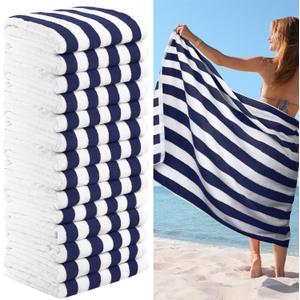 VitalCozy 16 Pcs Cotton Pool Beach Towels 30 x 70 Inch Cabana Stripe Oversized Basics Turkish Pool Bath for Hotel Swimming Bathroom(Navy Blue and White Stripes)