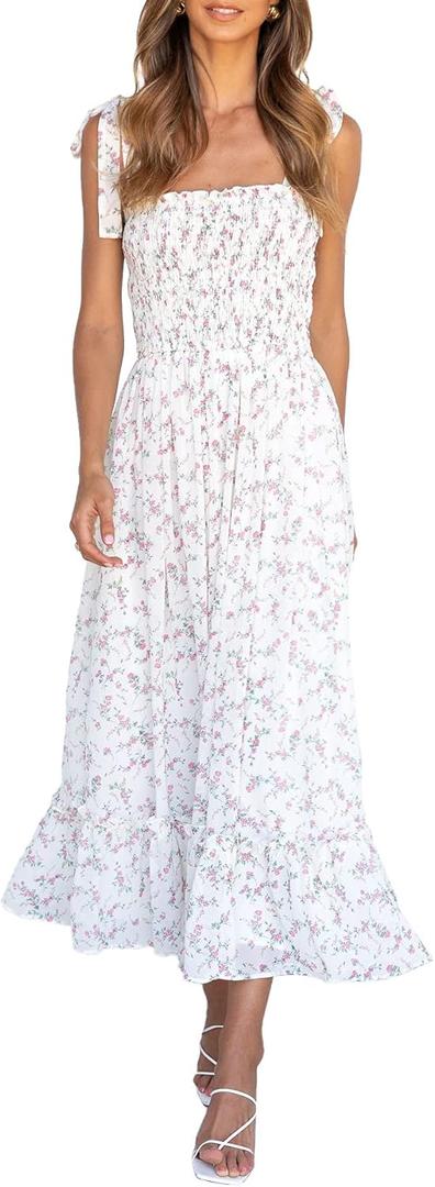 Imily Bela Womens Summer Dress Tie Strap Boho Floral Beach Dress Square Neck Ruffle Sun Dresses A Line Smocked Maxi Dress (Medium, White)