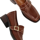 en Classic Penny Loafers Closed Square Toe Patent Low Heel Loafers Slip On Metal Buckle 2" Chunky Heel Comfy Office Ladies Classic Dress Loafer Shoes, Matte Brown, Size 7 M US