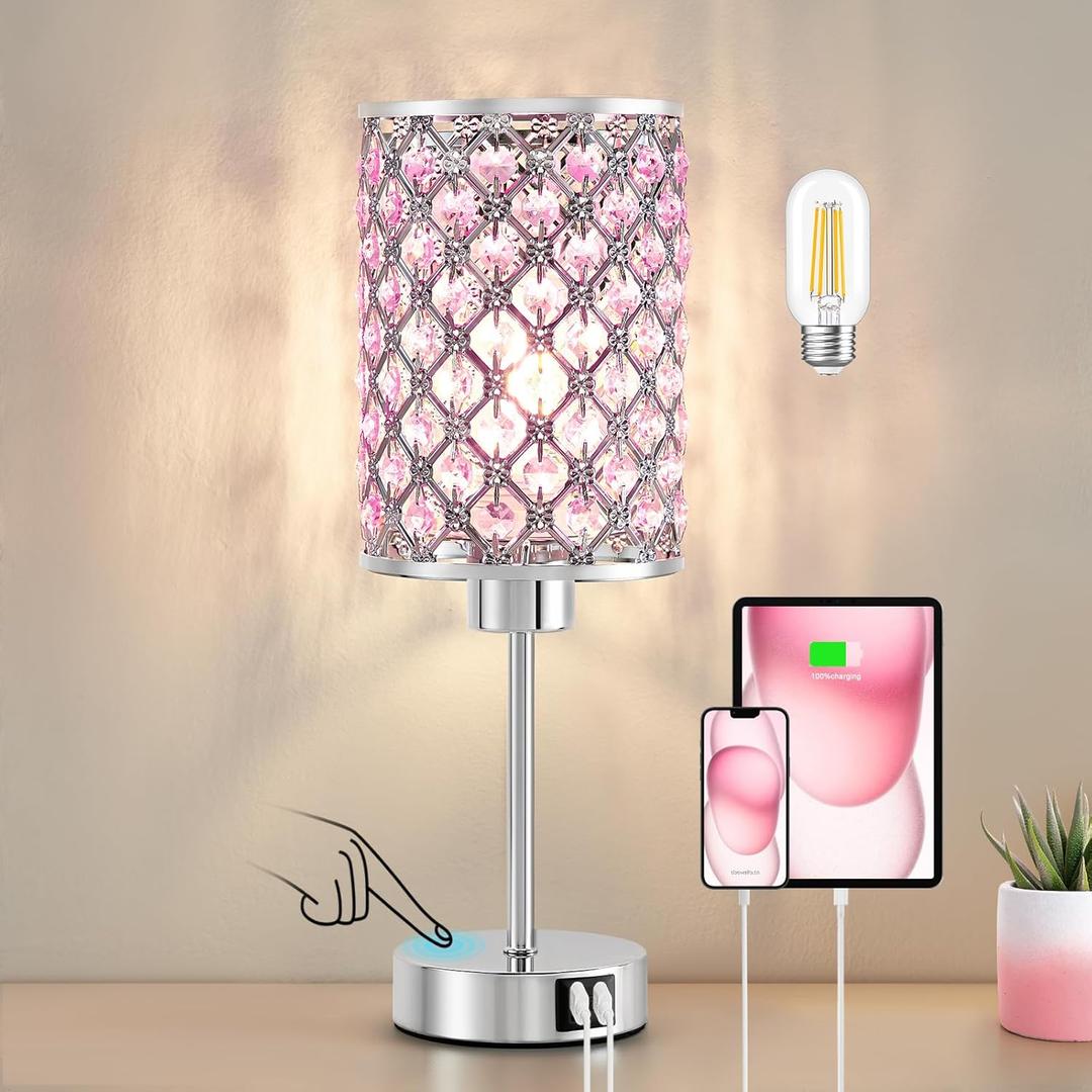 Crystal Table Lamp, Pink Touch Lamp with USB C+A Ports, 3 Way Dimmable Lamp with Crystal Shade, Bedside Lamp Small Lamp for Girl Bedroom, Living Room