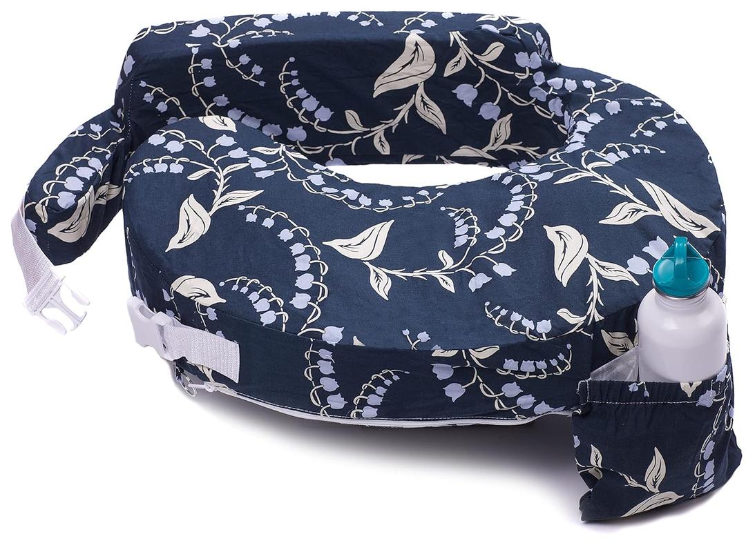 My Brest Friend Original Nursing Pillow Enhanced Ergonomics Essential Breastfeeding Pillow Support For Mom & Baby W/ Convenient Side Pocket, Double Straps & Slipcover, Navy Bluebells