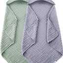 SWEET DOLPHIN Muslin Hooded Baby Bath Towels - 2 Pack 100% Cotton Towel for Babies, Infants, Toddlers - 32x32Inch - Highly Absorbent and Newborn Essential, Green and Grey