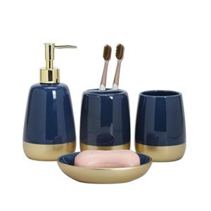 Navy Blue Gold Luxury Bathroom Accessories Set 4 Pieces,Vanity Countertop Ceramic Accessory Set for Bathroom Decor with Soap Dispenser,Toothbrush Holder, Tumbler,Soap Dish (Navy Blue)
