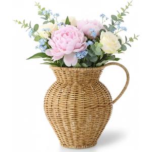 Faux Wood Rattan Vase Wicker Vase Country Style Home Decor Woven Basket Wicker Flower Pot for Dining Table Centerpieces Bedroom Corner Hallway Indoor Office (Single Handle,9" h)