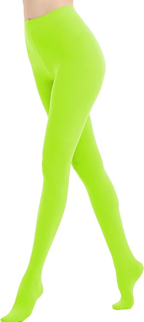 Women's 80D Opaque Tights Pantyhose, High Waist Soft Stockings, Solid Black Cute Tights, Neon Green, Size XS-M