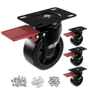 3 Furniture Casters Wheels Heavy Duty - Load 1200lbsPlate Caster with BrakesGlide Quietly and Protect Floor360 Swivel Casters Set of 4 for Cart, Table and Workbench (Black)