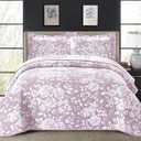 Soft Luxury Floral Queen Size Bedspread Set, 3 Piece Quilt with 2 Pillow Shams, Lavender Rose Pink Bedding, All Season and Reversible Bed Cover, for Traditional, Modern and Farmhouse Decor