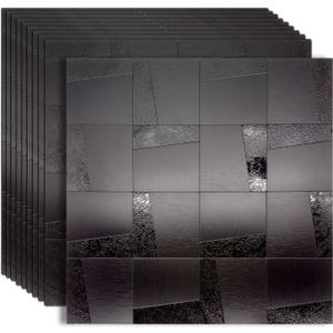 YMMXGE 10-Sheet Peel and Stick Metal Backsplash for Kitchen Self Adhesive Aluminum Mosaic 3D Wall Sticker Panel 11.81"x11.81"x0.12" (10, Brushed Black)