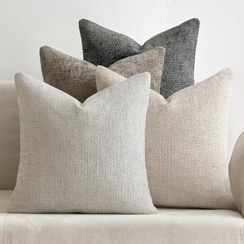 MIULEE Pack of 3 Couch Throw Pillow Covers 22x22 Inch Neutral Soft Decorative Chenille Pillow Covers Farmhouse Boho Accent Cushion Covers for Mid Century Modern Spring Decor Sofa Bedroom Living Room