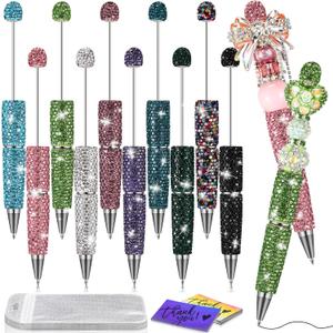 30 Pcs Rhinestone Beadable Pens Kit 10 Fancy Diamond Pens with Cards & Bags DIY Beaded Glitter Bling Ballpoint Pen for Craft Making Journalling Office Supplies