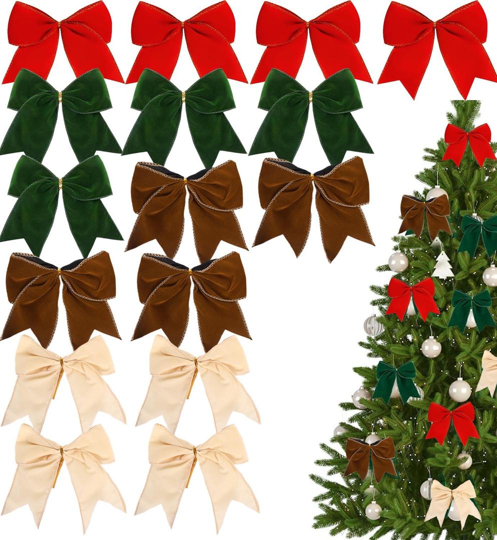 16 Pcs 6Inch Large Christmas Velvet Bows Rustic Wreath Gift Bows Vintage Xmas Velvet Ribbon Bow Holiday Ornaments for Christmas Tree Garland DIY Craft Wrapping Decor (White,Brown,Green,Red)