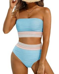 High Waisted Bandeau Bikini Set - Women Strapless Two Piece Swimsuits Ribbed Longline Full Coverage Bathing Suits Swimwear Blue