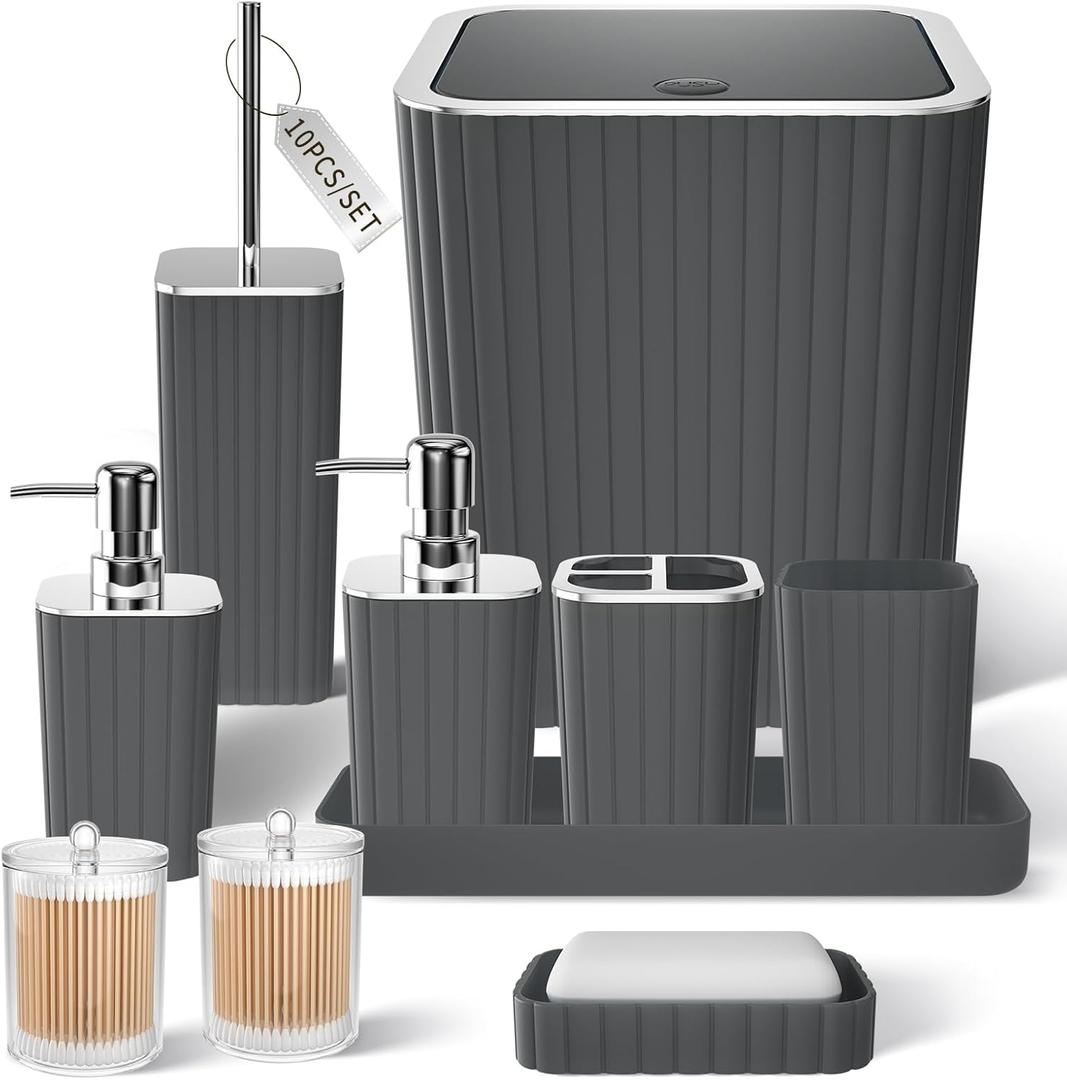 Bathroom Accessories Set - Gorgeous Grey Bathroom Set, 10PC Bathroom Accessory Set, Gray Bathroom Accessories Set, Trash Can, Qtip Holder Dispenser & Soap Dispenser